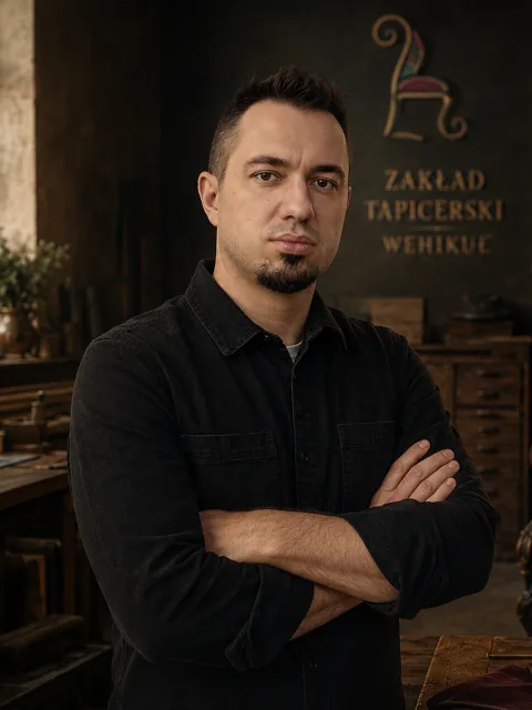 Tapicer z zakładu Wehikuł przy pracy